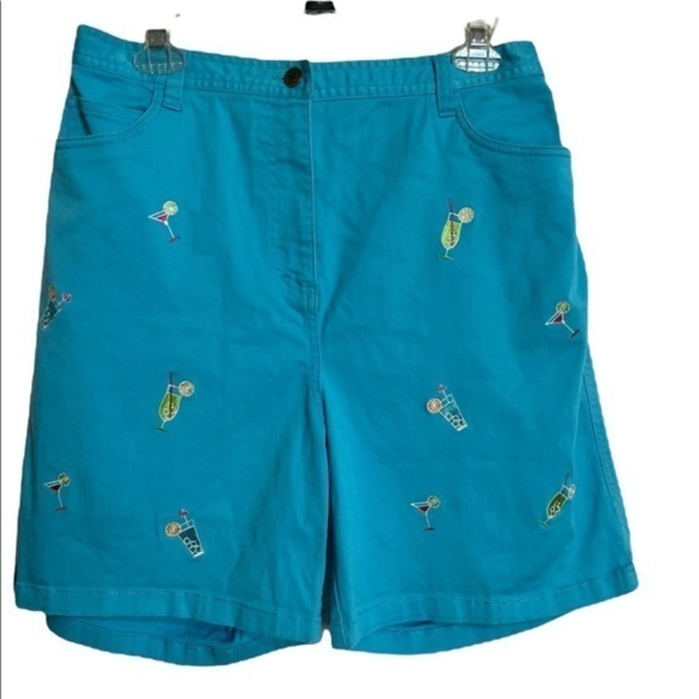 Quacker Factory  Turquoise Blue Embroidered Cocktails 5 Pocket Shorts Large